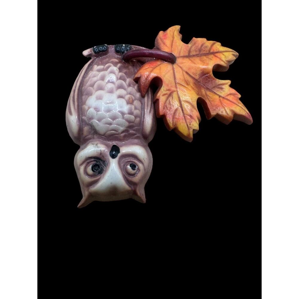 Vintage 1940s Celluloid Owl Pin Layered 3D Brooch Quirky Jewelry Autumn‎ Leaf - Picture 3 of 8